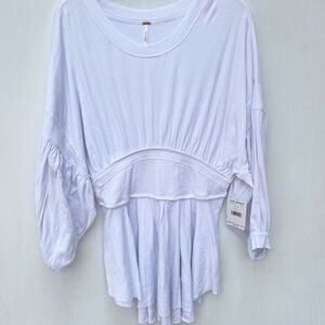 Free People Size L White Time Traveler Top Cinched Waist Scrunched Knit Stretch